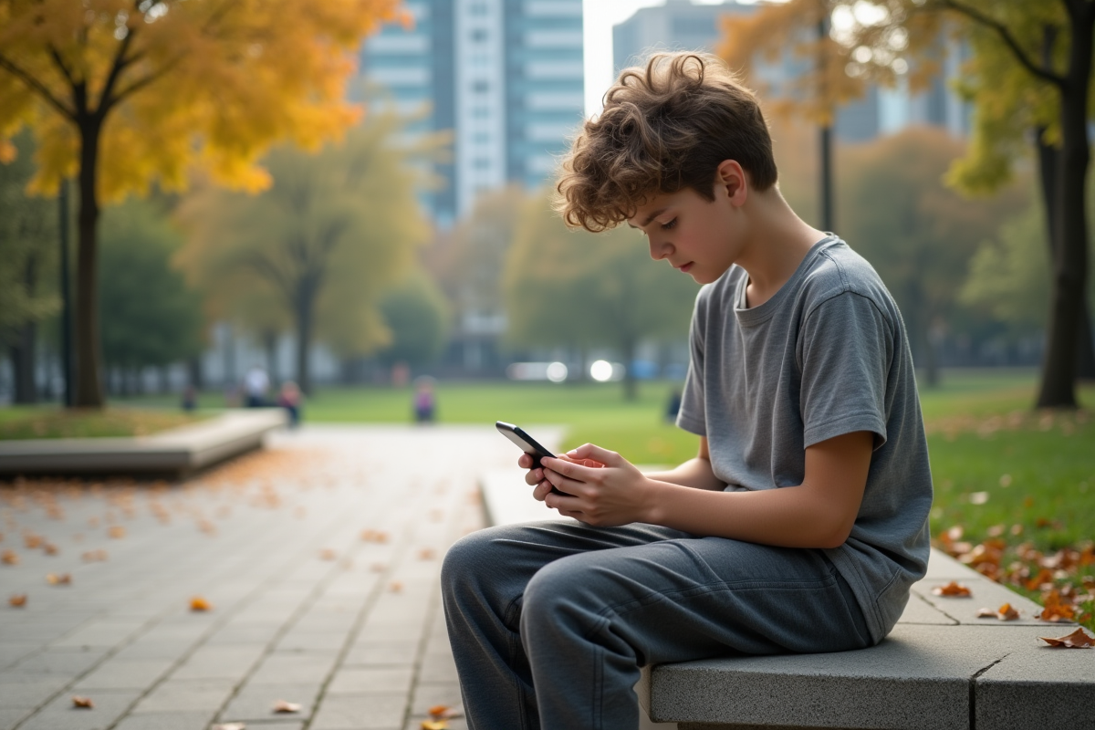 Adolescent utilisant son smartphone dans un parc urbain pour étudier