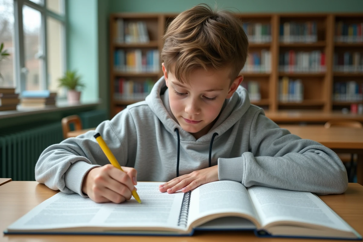 Adolescent surlignant un texte littéraire dans une bibliothèque scolaire pour s'entraîner à la méthode d'analyse du brevet
