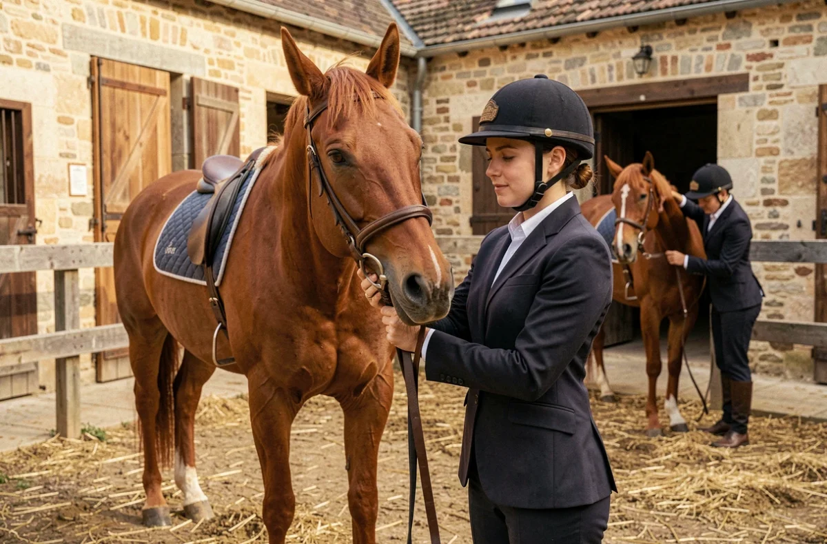 Apprentie jockey de l'AFASEC École des Courses Hippiques préparant un cheval pur-sang en écurie