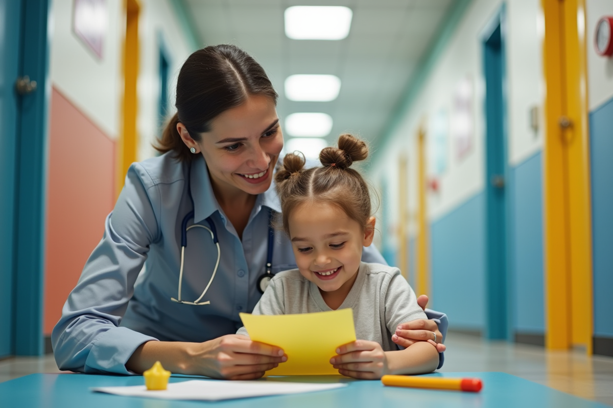 Assistante aidant un enfant en situation speciale dans un couloir scolaire