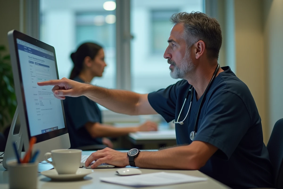 Aide-soignant masculin examinant un formulaire de validation de compétences sur un écran d'ordinateur en salle de pause médicale