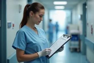 Aide-soignante consultant une check-list de compétences sur un clipboard dans un couloir d'hôpital moderne