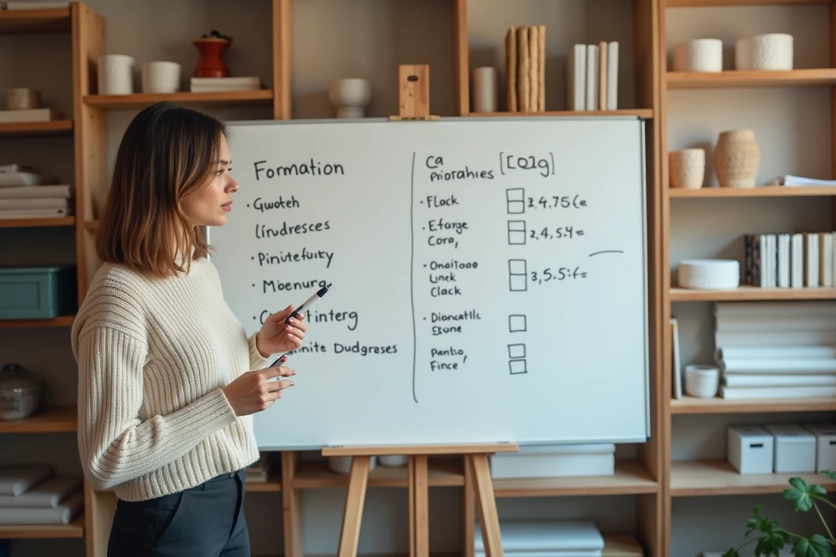 Décoratrice d'intérieur analysant les modules et prix d'une formation sur un tableau blanc dans un studio créatif professionnel