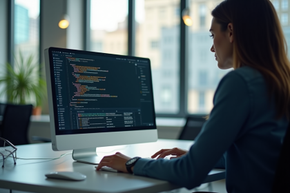 Analyste travaillant sur un écran R dans un bureau lumineux