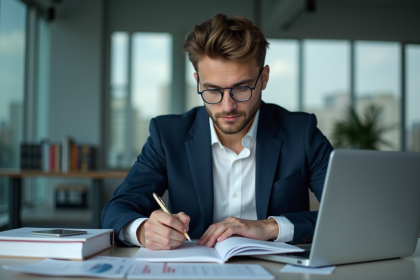 Jeune analyste financier au bureau moderne en costume bleu