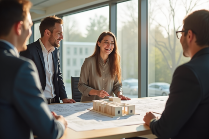 Architecte féminine présentant un modèle de bâtiment innovant