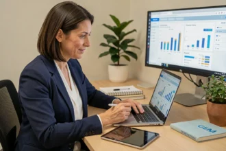 Assistante digitale travaillant sur un ordinateur portable dans le bureau d'une TPE, gérant les outils numériques de l'entreprise