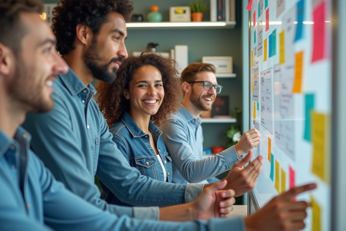 Groupe de trois jeunes adultes en brainstorming créatif