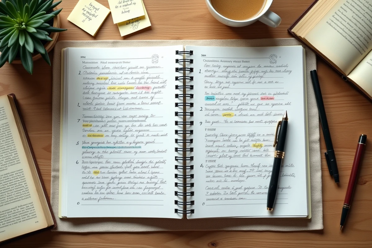 Vue à plat d'un cahier d'exercices d'écriture annoté avec un stylo plume et des notes manuscrites sur un bureau créatif