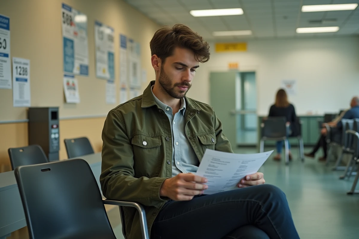 Jeune homme relisant ses questions de permis de conduire dans la salle d'attente d'un centre d'examen