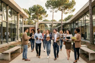 Vue d'ensemble d'un campus de formation professionnelle dans les Landes avec des apprenants adultes en déplacement