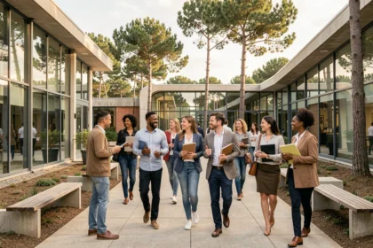 Vue d'ensemble d'un campus de formation professionnelle dans les Landes avec des apprenants adultes en déplacement