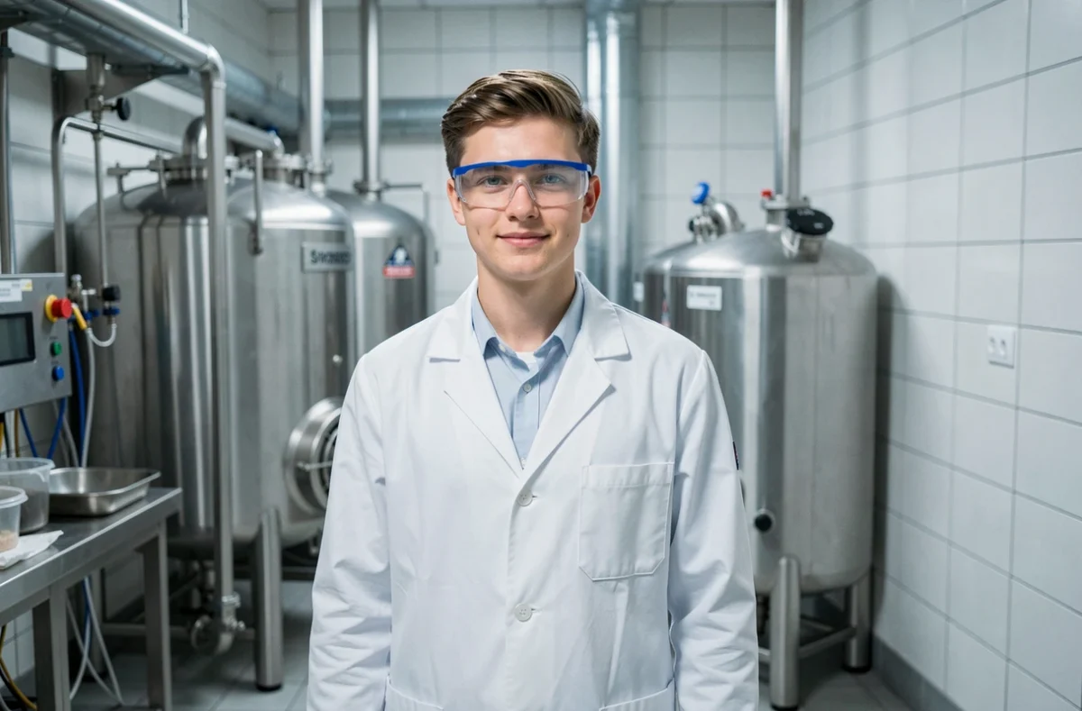 Apprenti en blouse blanche dans le laboratoire agroalimentaire du CFA de Poligny