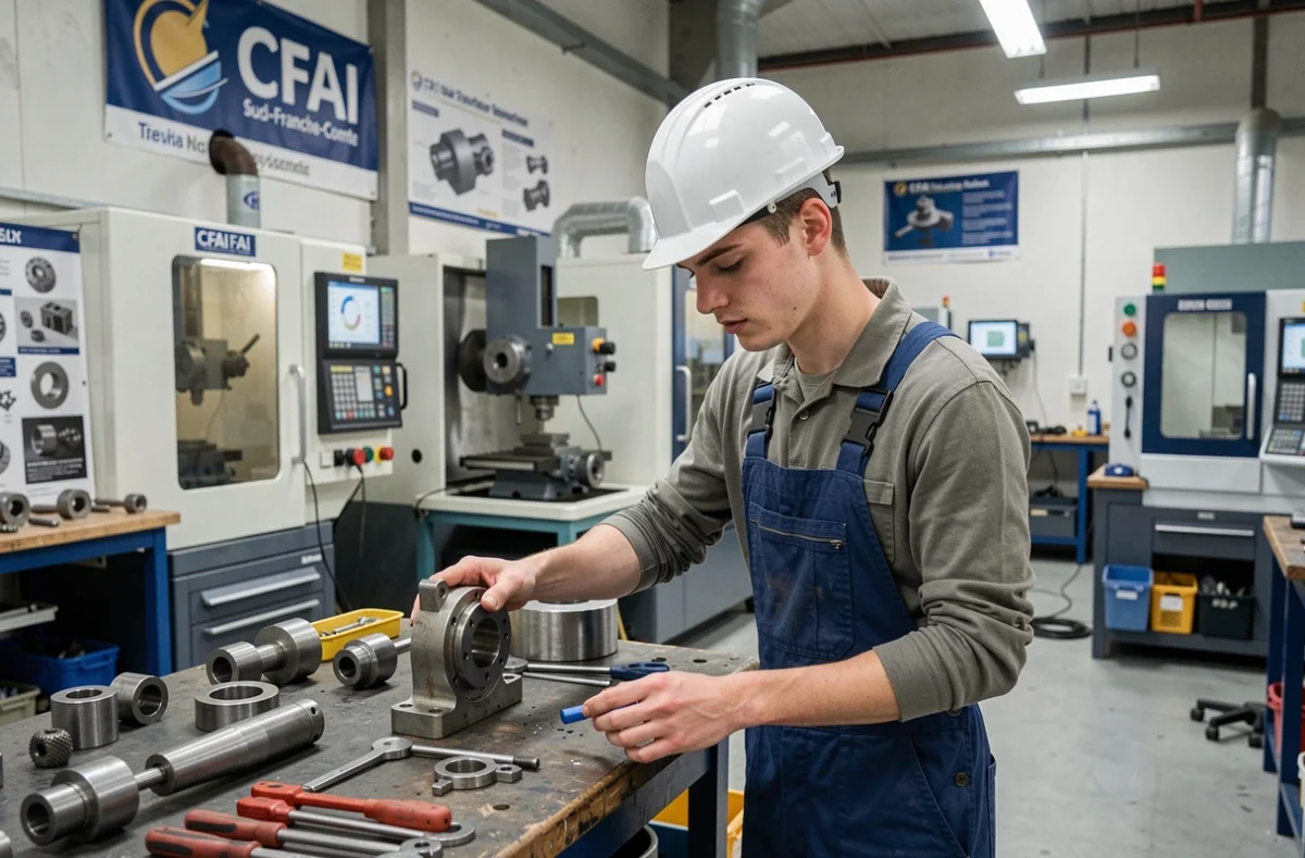 Apprenti en combinaison de travail examinant une pièce mécanique dans l'atelier du CFAI Sud-Franche-Comté