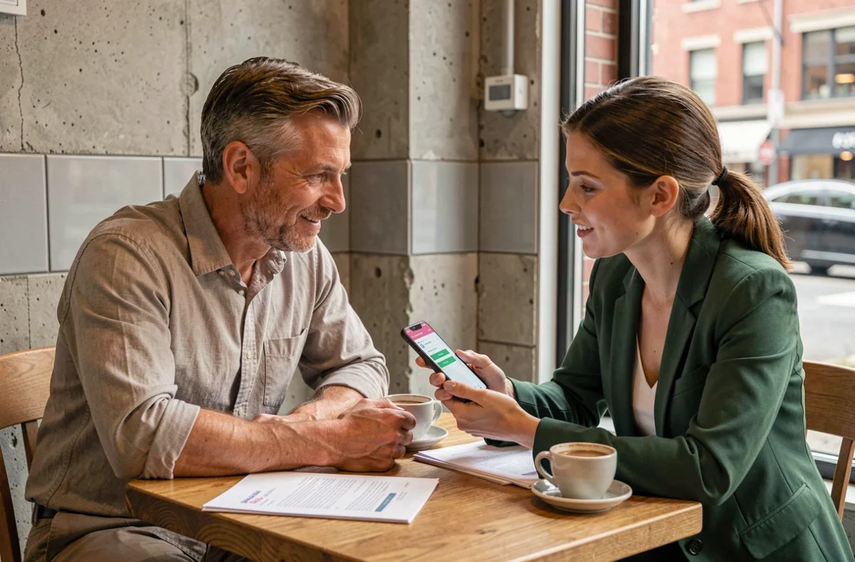 Chef d'une TPE découvrant les outils digitaux avec l'aide d'une assistante digitale lors d'une réunion en café urbain
