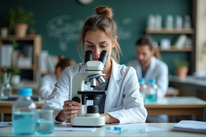 Chercheuse en laboratoire examinant des échantillons au microscope