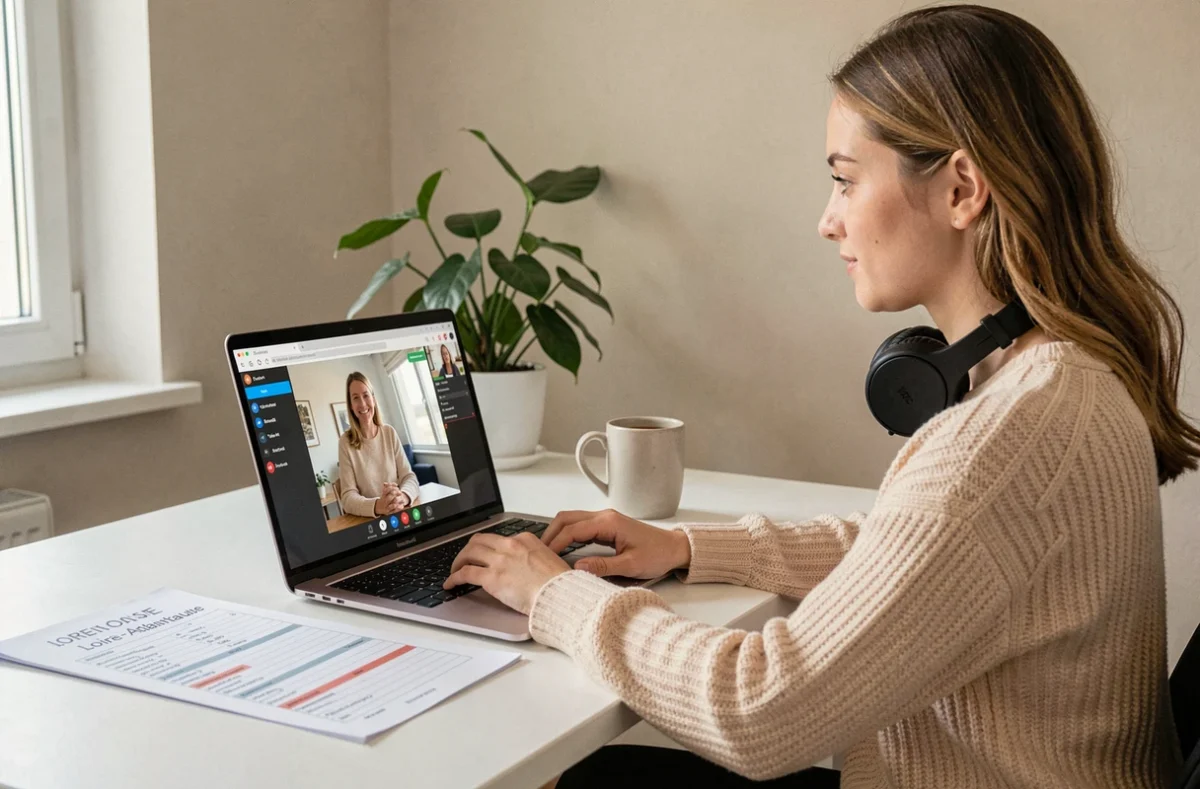 Jeune femme suivant un cours d'anglais en ligne depuis chez elle en Loire-Atlantique avec Clic Campus