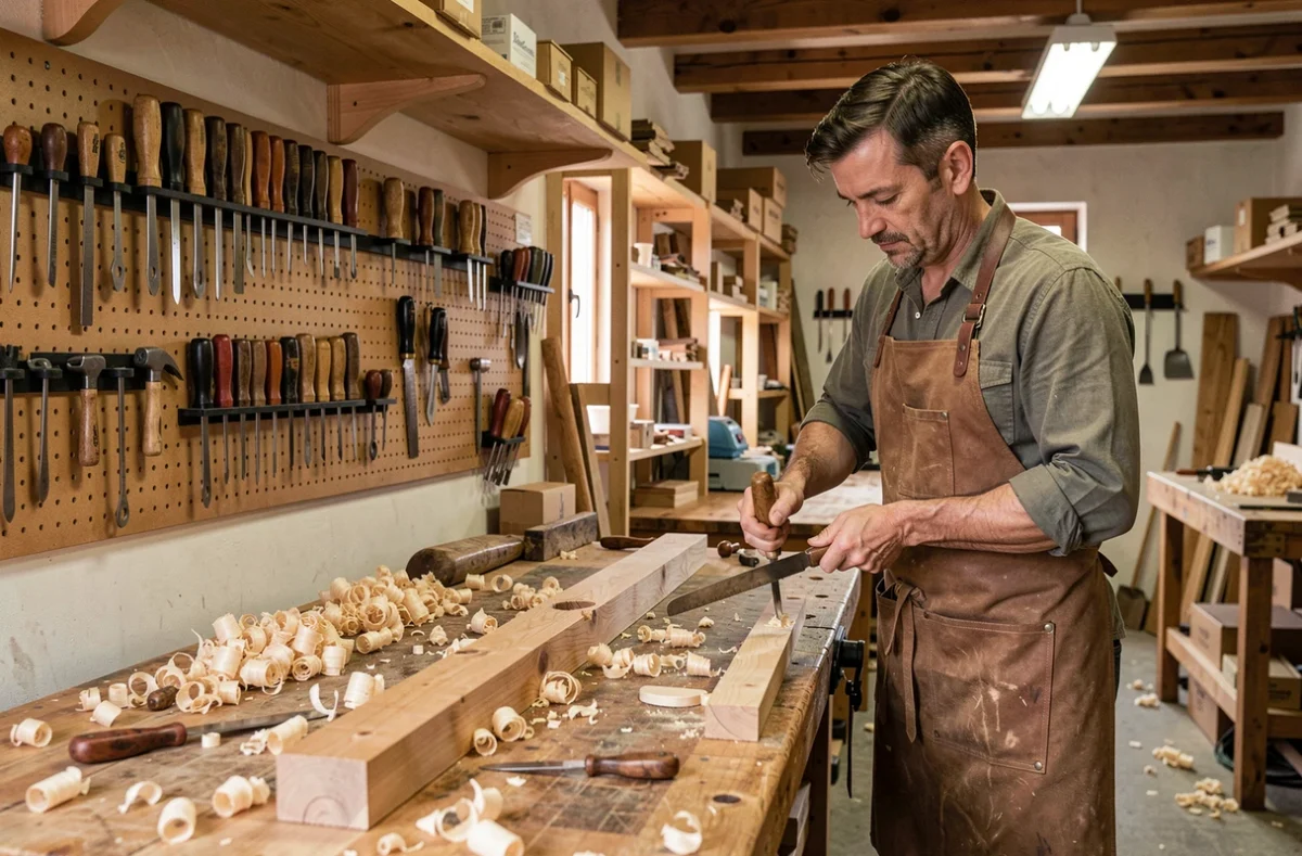 Artisan en tablier de cuir travaillant le bois dans un atelier de formation CMA Bourgogne-Franche-Comté