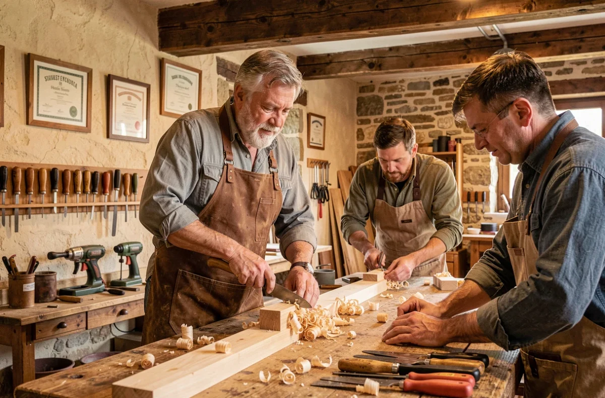 Maître artisan de la CMA Nouvelle-Aquitaine antenne des Landes enseignant la menuiserie à des apprentis