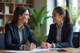 Coach femme en discussion avec un jeune homme au bureau