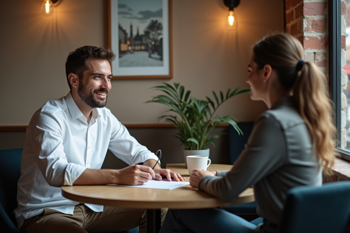 Jeune coach en séance informelle dans un cafe convivial