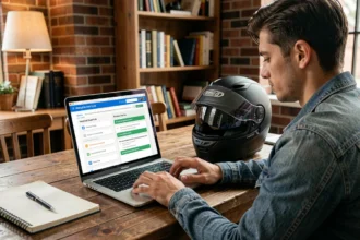 Jeune homme avec casque de moto préparant son code de la route sur un ordinateur portable