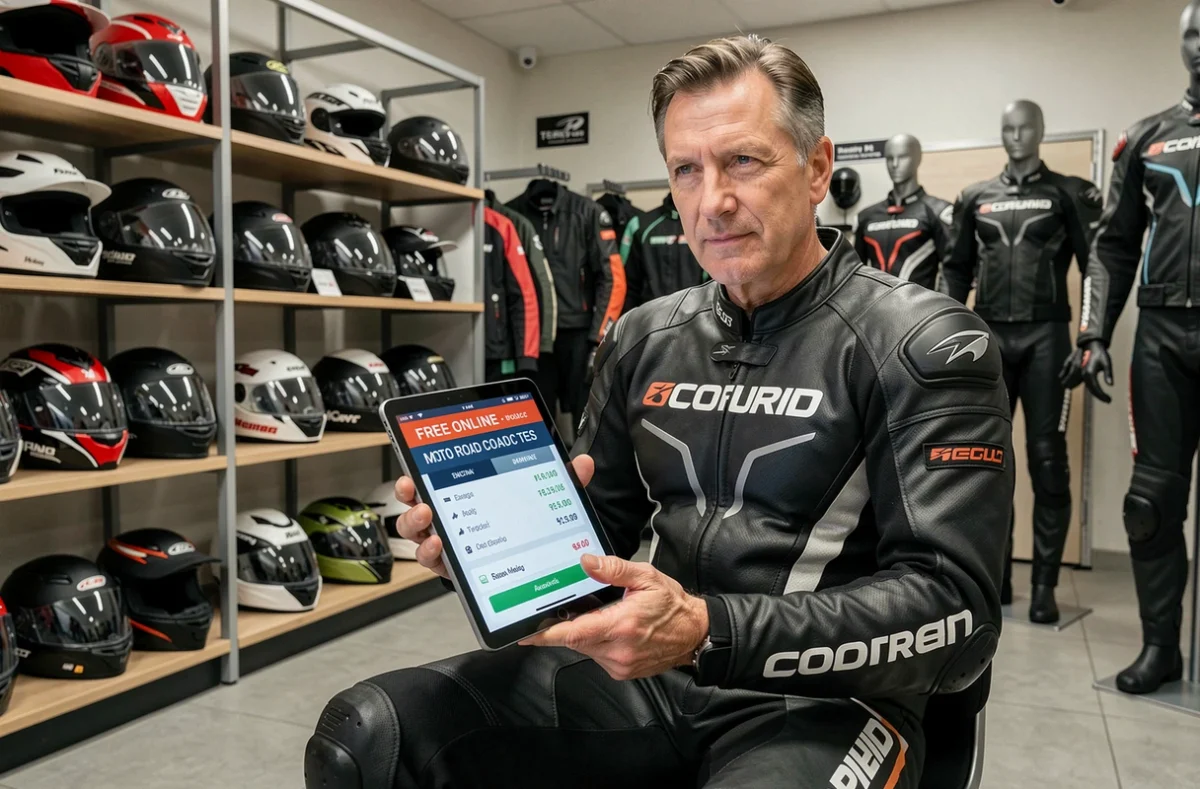 Homme en combinaison moto consultant un test de code de la route gratuit sur tablette dans un magasin d'équipements