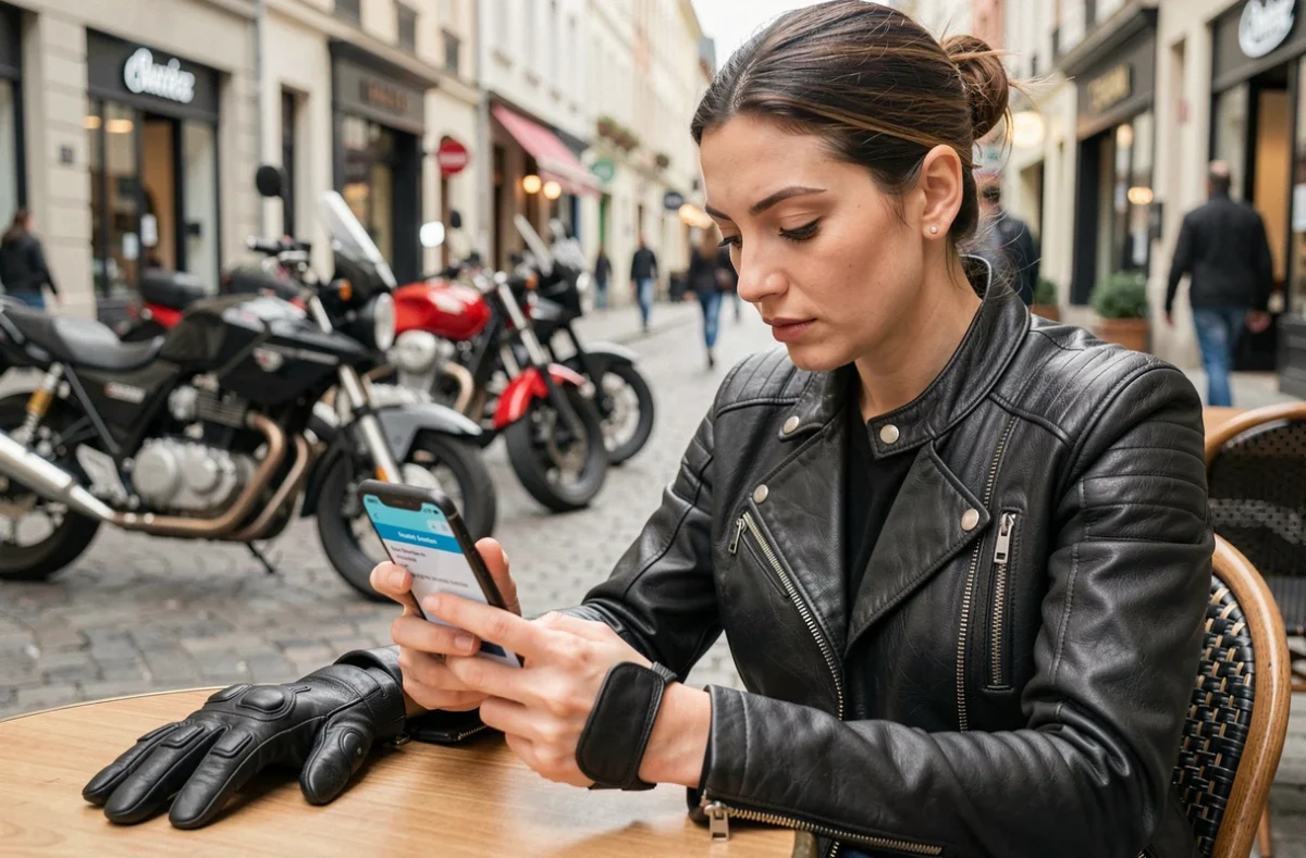 Femme motarde révisant le code de la route moto sur smartphone en terrasse de café