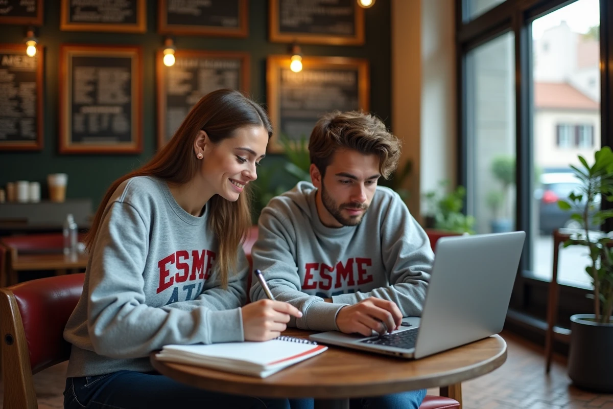 Deux étudiants ESME collaborant sur le campus numérique depuis un café à l'étranger