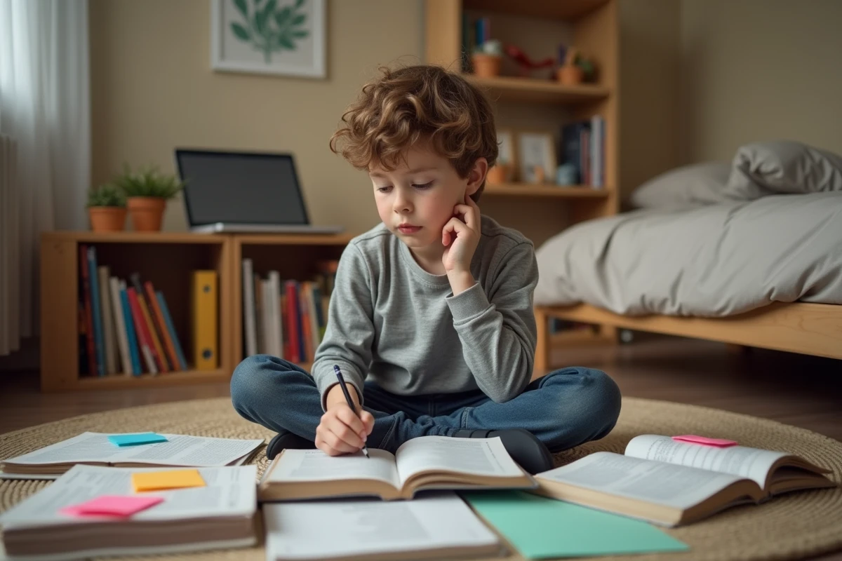 Collégien qui révise la conjugaison des verbes du 2ème groupe sur le sol de sa chambre entouré de livres de grammaire