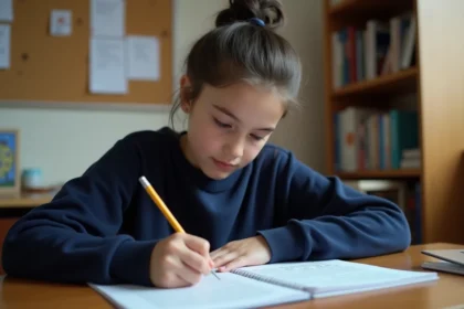 Collégienne annotant un texte imprimé à son bureau pour préparer l'épreuve de français du brevet