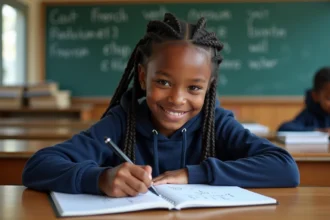Collégienne concentrée qui conjugue des verbes du 2ème groupe dans un cahier en classe de français
