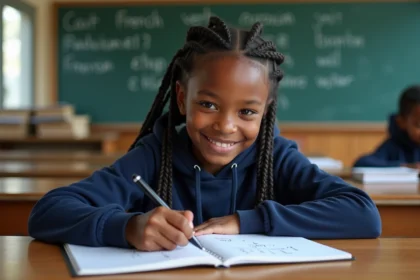 Collégienne concentrée qui conjugue des verbes du 2ème groupe dans un cahier en classe de français