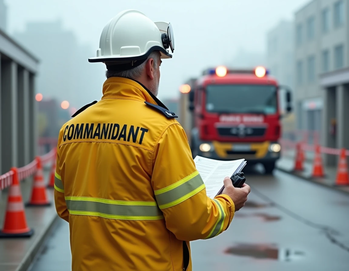 Officier commandant de pompiers consultant une fiche de référentiel GTO lors d'un exercice opérationnel extérieur
