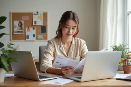 Femme comparant des formations de décoratrice d'intérieur sur deux ordinateurs portables dans un bureau à domicile avec des échantillons de tissus