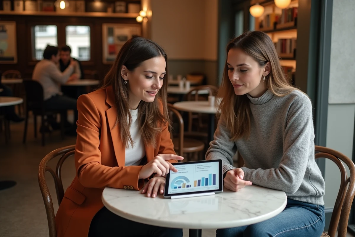 Deux femmes comparant des formations de décoratrice d'intérieur sur une tablette dans un café parisien
