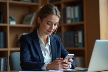 Femme configurant sa messagerie académique de Strasbourg sur un smartphone Android dans un bureau universitaire