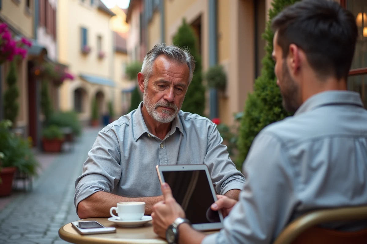 Homme configurant la messagerie académique de Strasbourg sur une tablette en terrasse de café alsacien