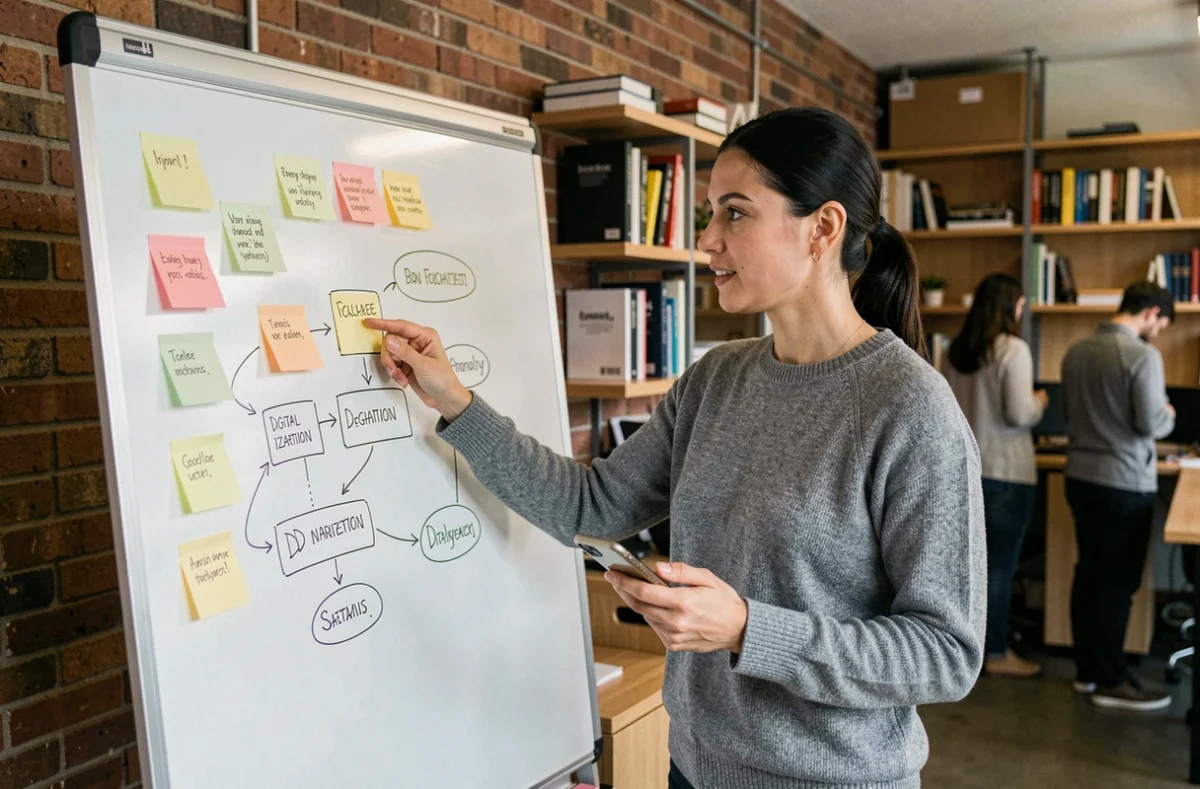 Consultante en digitalisation présentant une stratégie numérique sur un tableau blanc dans un espace de coworking pour petite entreprise
