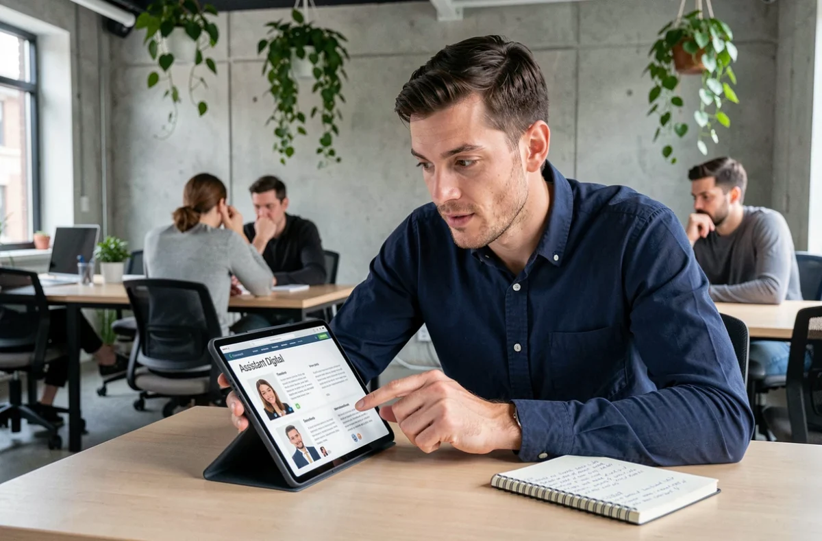 Homme consultant une fiche métier d'assistant digital sur tablette dans un espace de coworking pour orienter son choix de formation