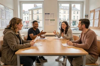 Groupe d'adultes suivant un cours d'anglais dans une école de langues en Loire-Atlantique