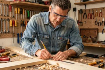 Homme apprenant le bricolage dans un atelier en mesurant une planche de bois avec des outils manuels organisés au mur