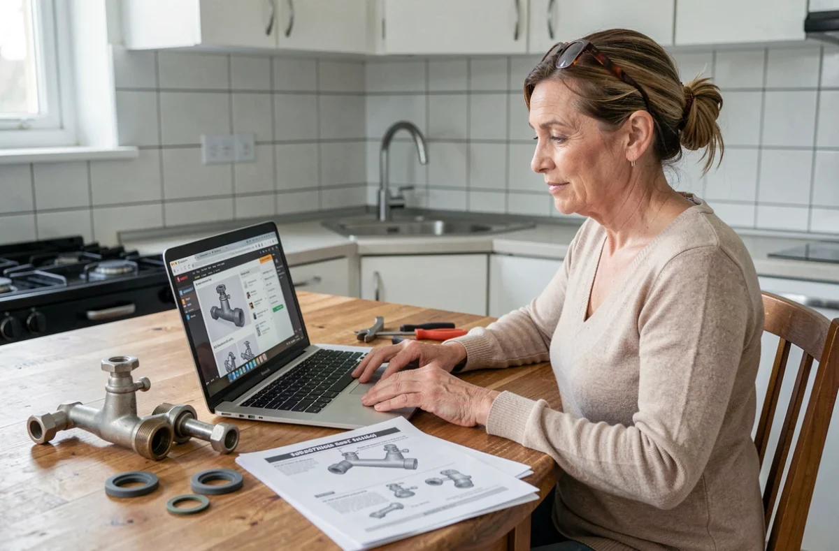 Femme apprenant la plomberie avec un tutoriel en ligne sur ordinateur portable entourée de pièces de robinetterie sur une table de cuisine