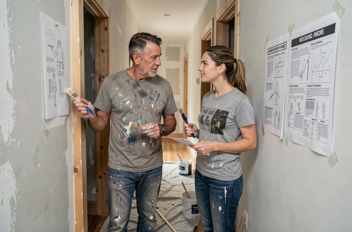 Deux adultes apprenant à peindre un encadrement de porte lors d'une rénovation intérieure avec guide de bricolage affiché au mur