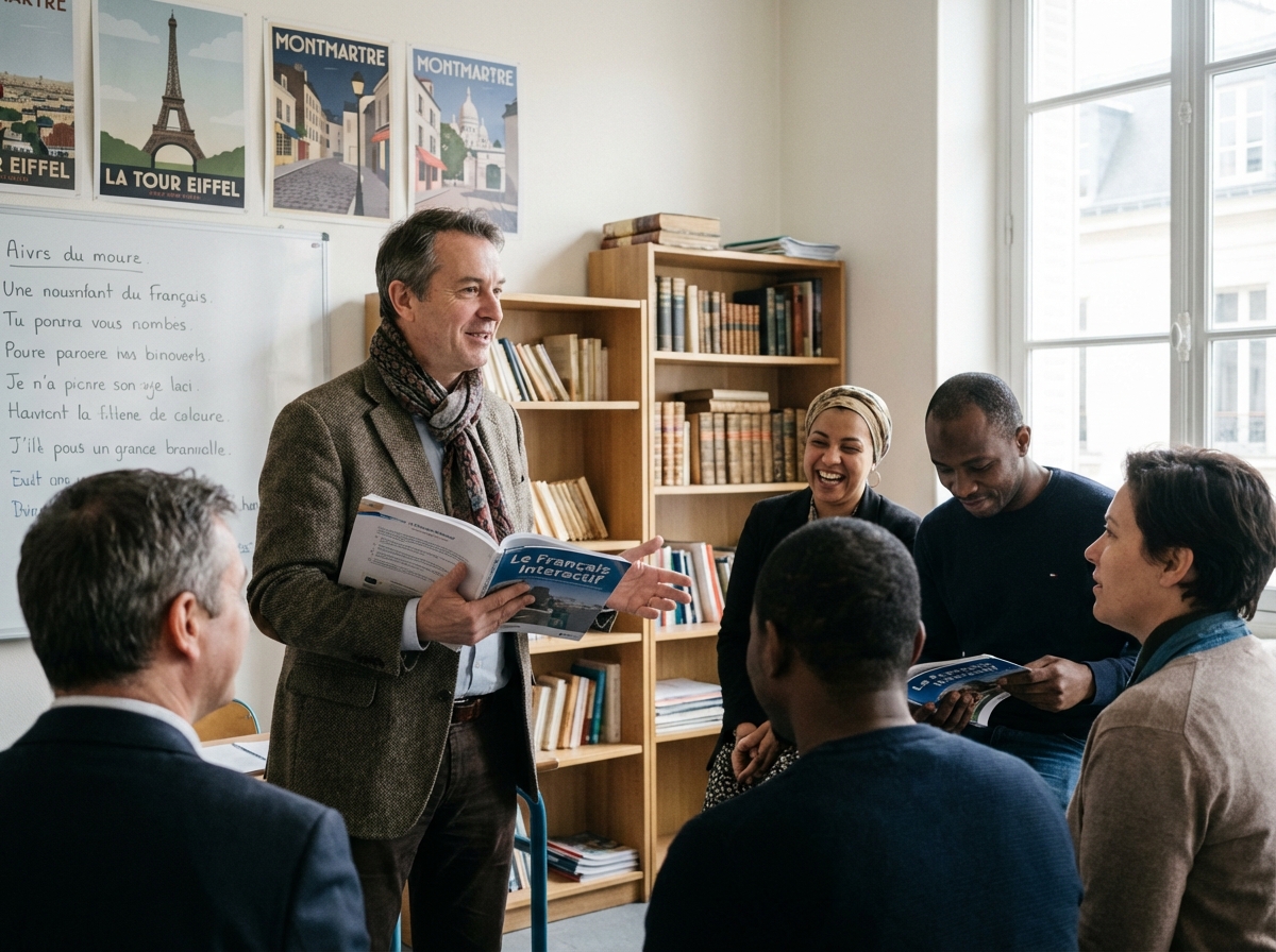 Groupe de personnes discutant en classe de français