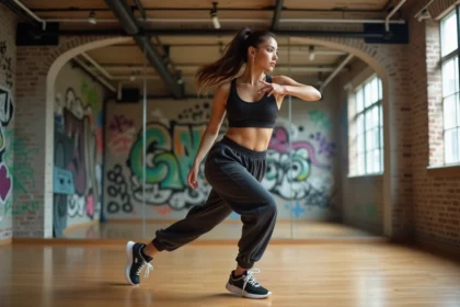 Jeune femme en mouvement dans un studio de danse hip hop
