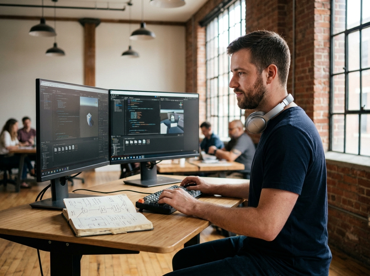 Jeune développeur de jeux vidéo codant dans un moteur de jeu dans un espace de coworking créatif après une formation en game design