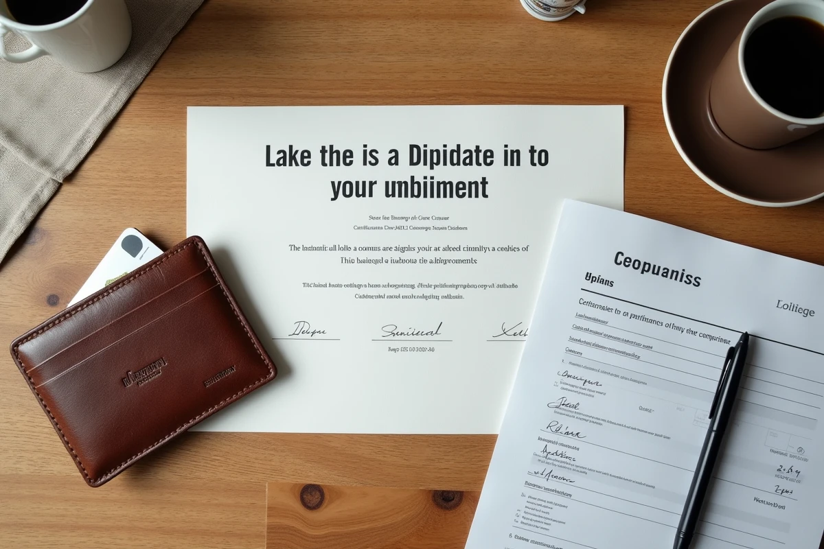 Vue du dessus d'un diplôme de certification bricolage posé sur une table avec comparatif de prix et portefeuille