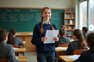 Jeune élève qui prend la parole devant sa classe pour un discours de délégué, tenant ses notes avec assurance