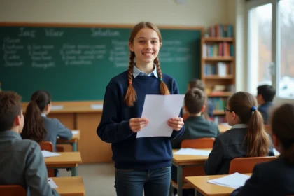 Jeune élève qui prend la parole devant sa classe pour un discours de délégué, tenant ses notes avec assurance